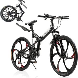 26 Inch Adult Folding Bikes/Mountain Bikes, 21 Speeds Mountain Bicycles with Full Suspension, Dual Disc Brake, High Carbon Steel Frame, Foldable Bike for Men/Women/Teen, Multiple Colors