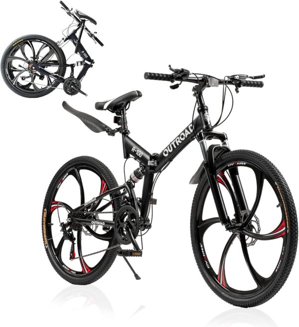 26 Inch Adult Folding Bikes/Mountain Bikes, 21 Speeds Mountain Bicycles with Full Suspension, Dual Disc Brake, High Carbon Steel Frame, Foldable Bike for Men/Women/Teen, Multiple Colors