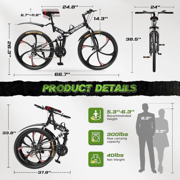 26 Inch Adult Folding Bikes/Mountain Bikes, 21 Speeds Mountain Bicycles with Full Suspension, Dual Disc Brake, High Carbon Steel Frame, Foldable Bike for Men/Women/Teen, Multiple Colors - Image 6