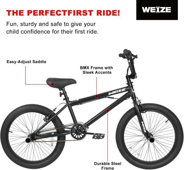 WEIZE Freestyle BMX Bike, 20 inch Trick Bicycle for Kids and Adults Men Women, Hi-Ten Steel Frame, 360 Degree Rotor Freestyle, 4 Pegs Single Speed Teen Bike, Beginner-Level to Advanced Riders - Image 2