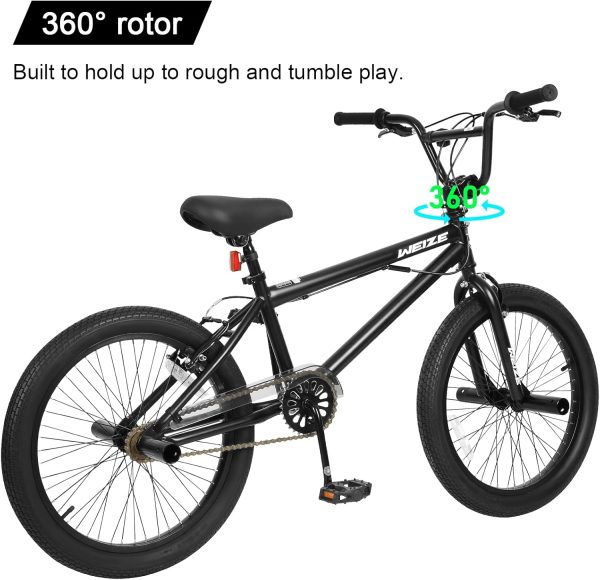 WEIZE Freestyle BMX Bike, 20 inch Trick Bicycle for Kids and Adults Men Women, Hi-Ten Steel Frame, 360 Degree Rotor Freestyle, 4 Pegs Single Speed Teen Bike, Beginner-Level to Advanced Riders - Image 4